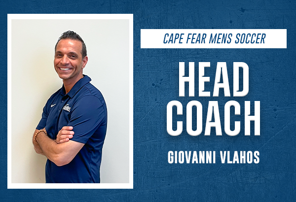 Announcement featuring headshot of Cape Fear Men's Soccer coach Giovanni Vlahos