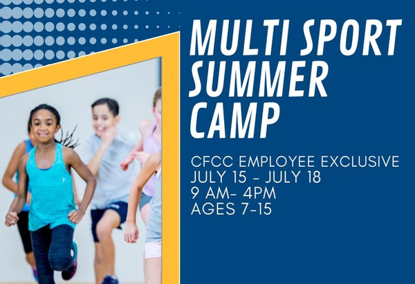 Photo of kids running featured in flyer for CFCC Athletics Multi Sport Camp open to CFCC Employees from July 15 - July 18 from 9 Am to 4 PM for kids ages 7-15